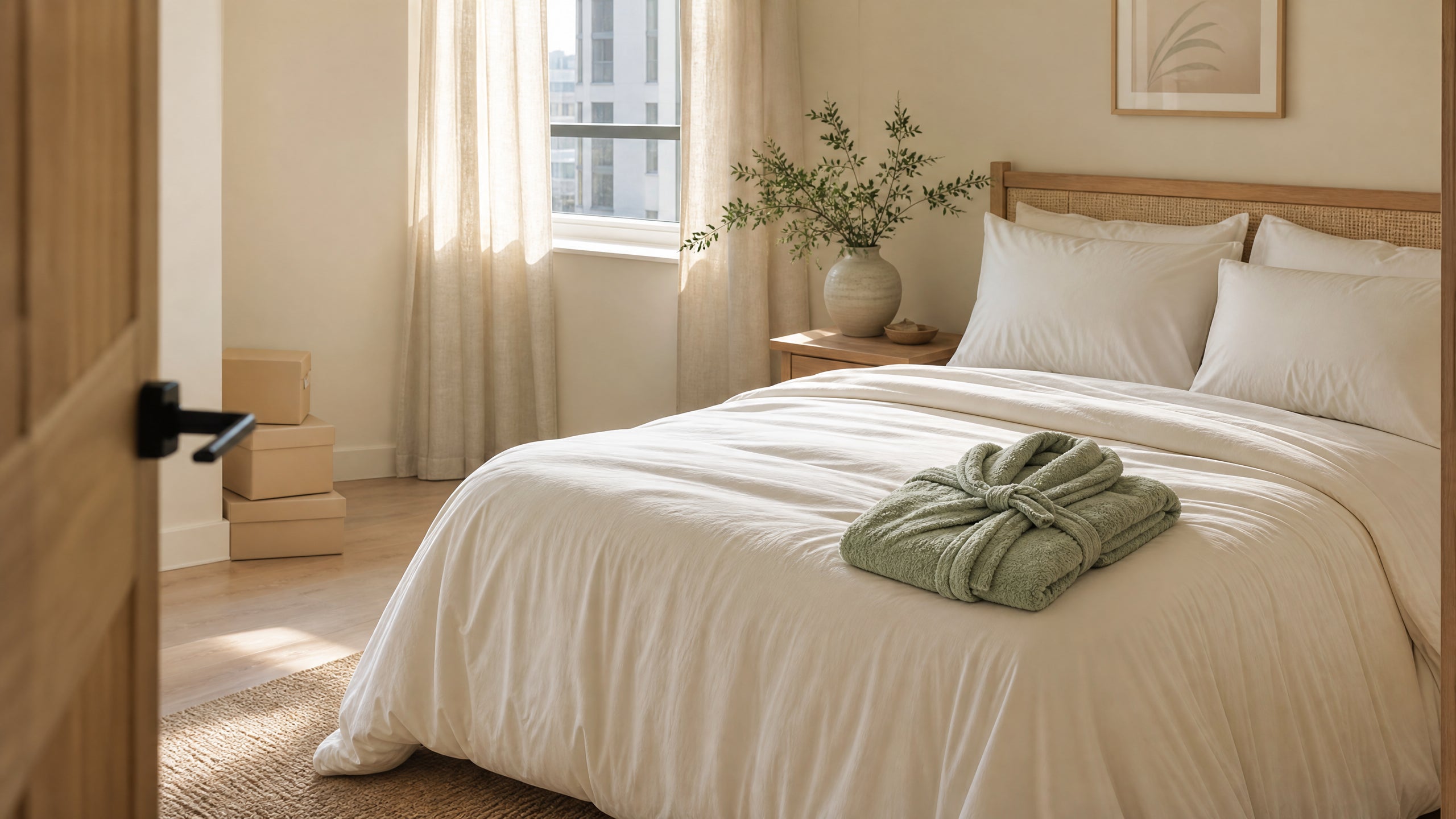 A welcoming new bedroom with soft neutral bedding, a folded robe, and moving boxes in warm natural light.