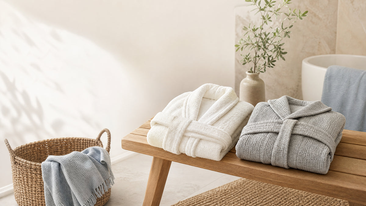Folded warm-white and soft-gray bathrobes on a wood bench in a light-filled bathroom.