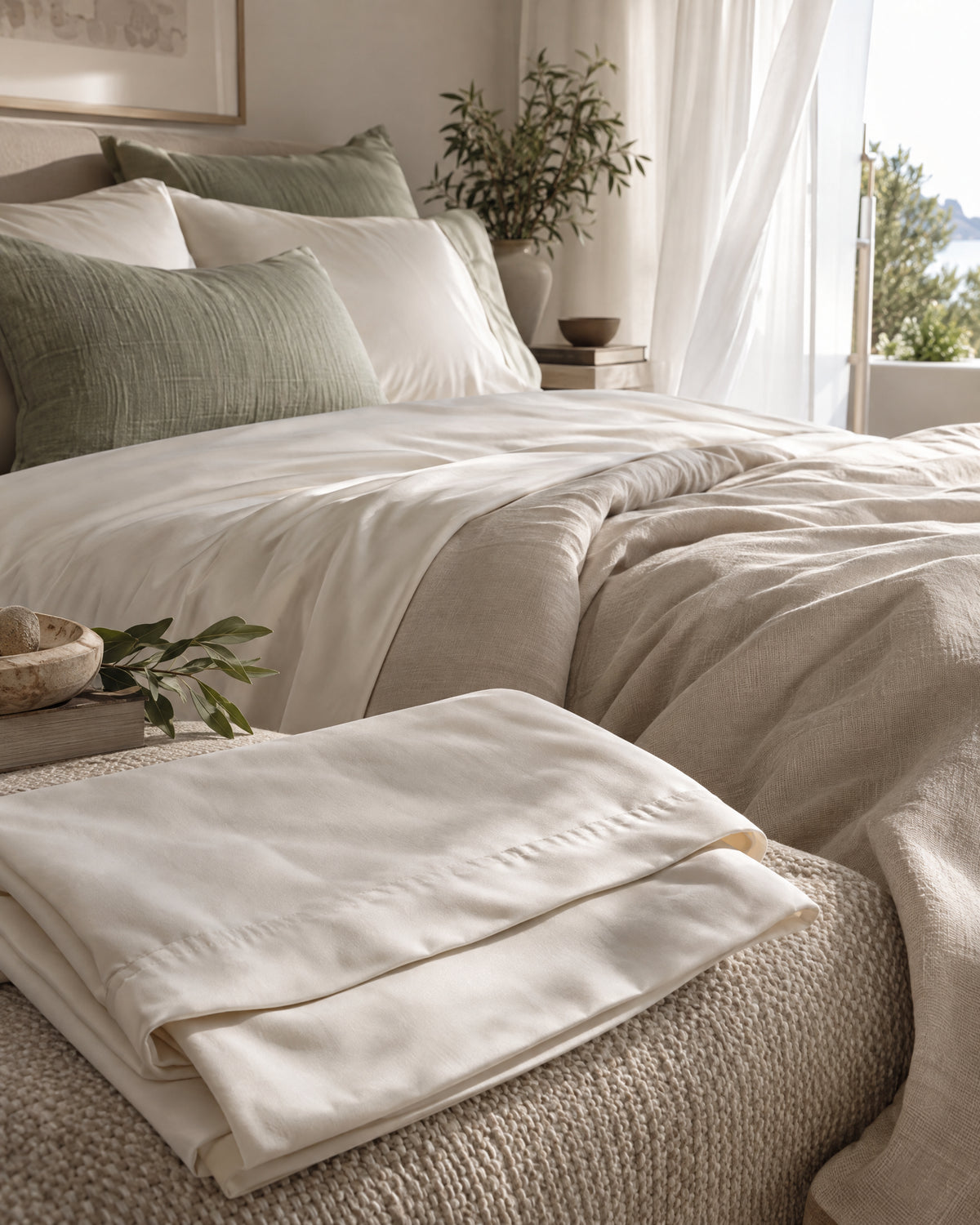 Airy layered bed with ivory sheets, a lightweight duvet, and a folded cooling sheet set in a sunlit bedroom.