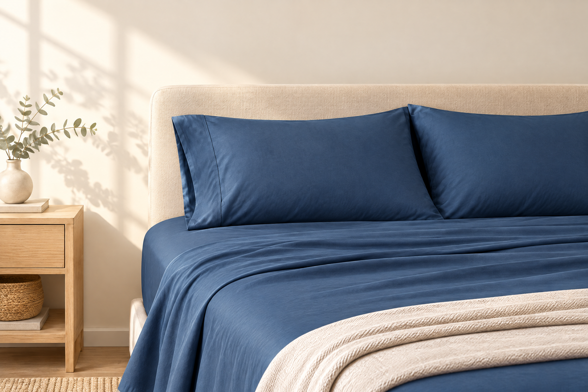 A neatly made bed with deep slate-blue bamboo viscose sheets in a warm, sunlit bedroom.