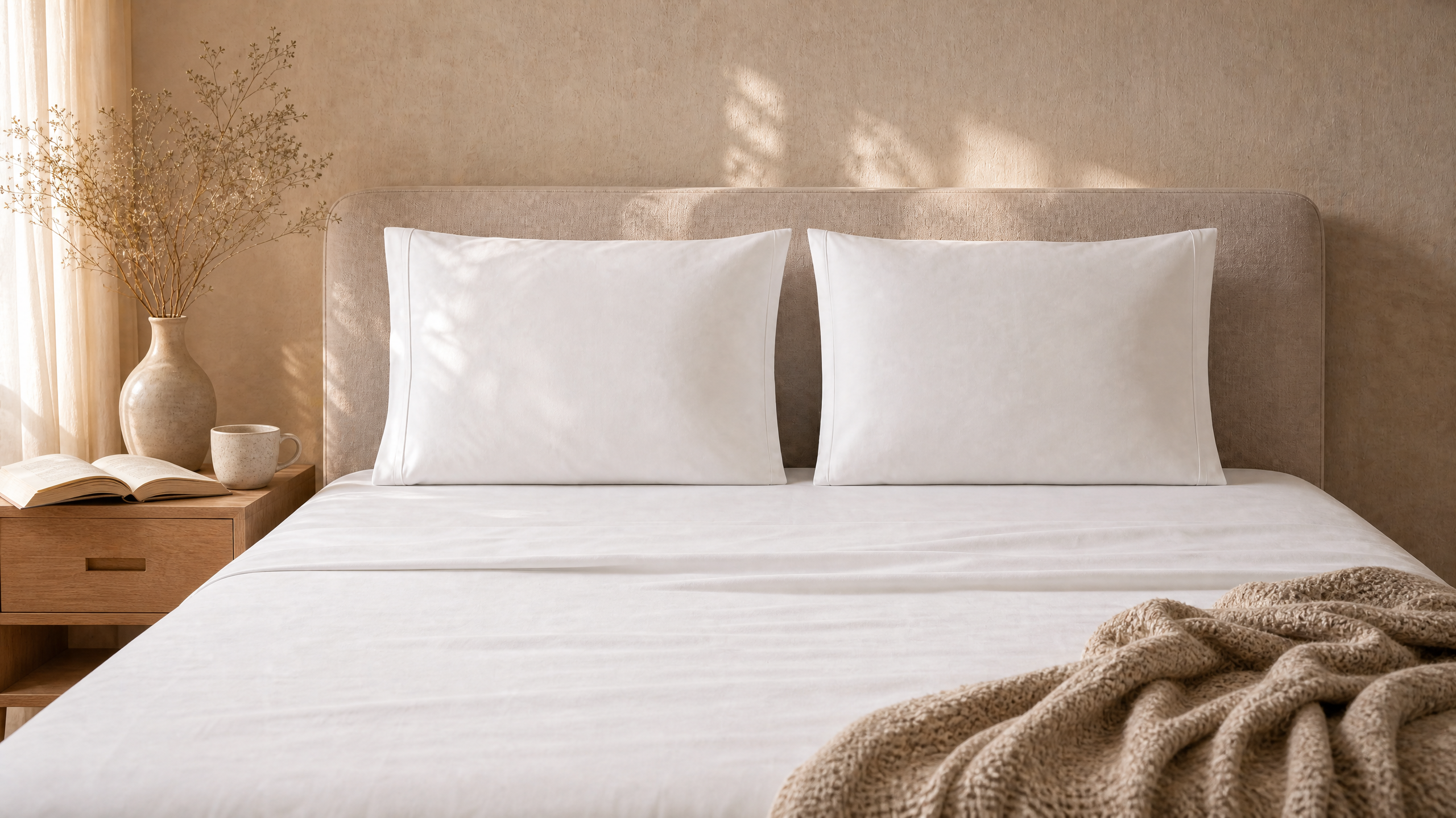 Warm white bamboo viscose sheets on a softly styled bed with an oatmeal knit throw, an open book, and a ceramic cup.