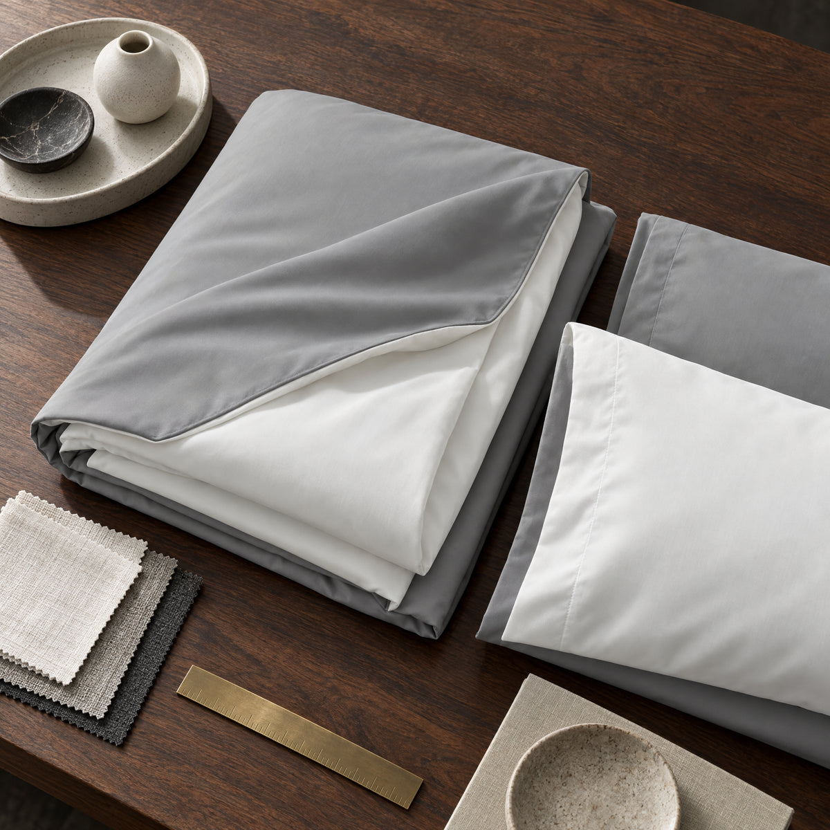 Pure Fiber Grey/White two-tone bamboo viscose duvet cover and matching shams arranged as an interior designer material board on a dark walnut table.