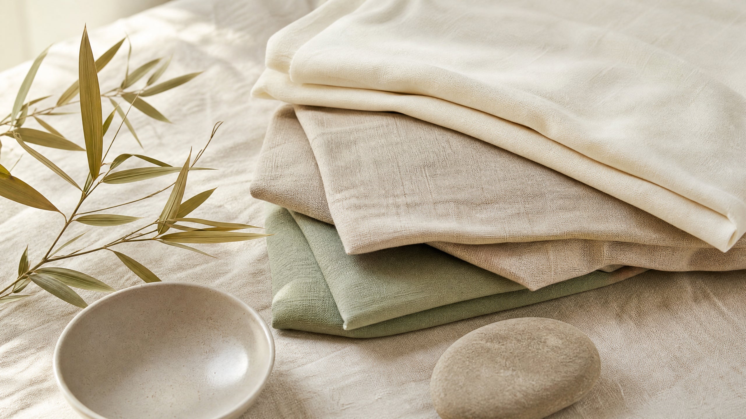 Bamboo viscose fabric swatches in natural tones with bamboo leaves - Pure Fiber luxury bedding