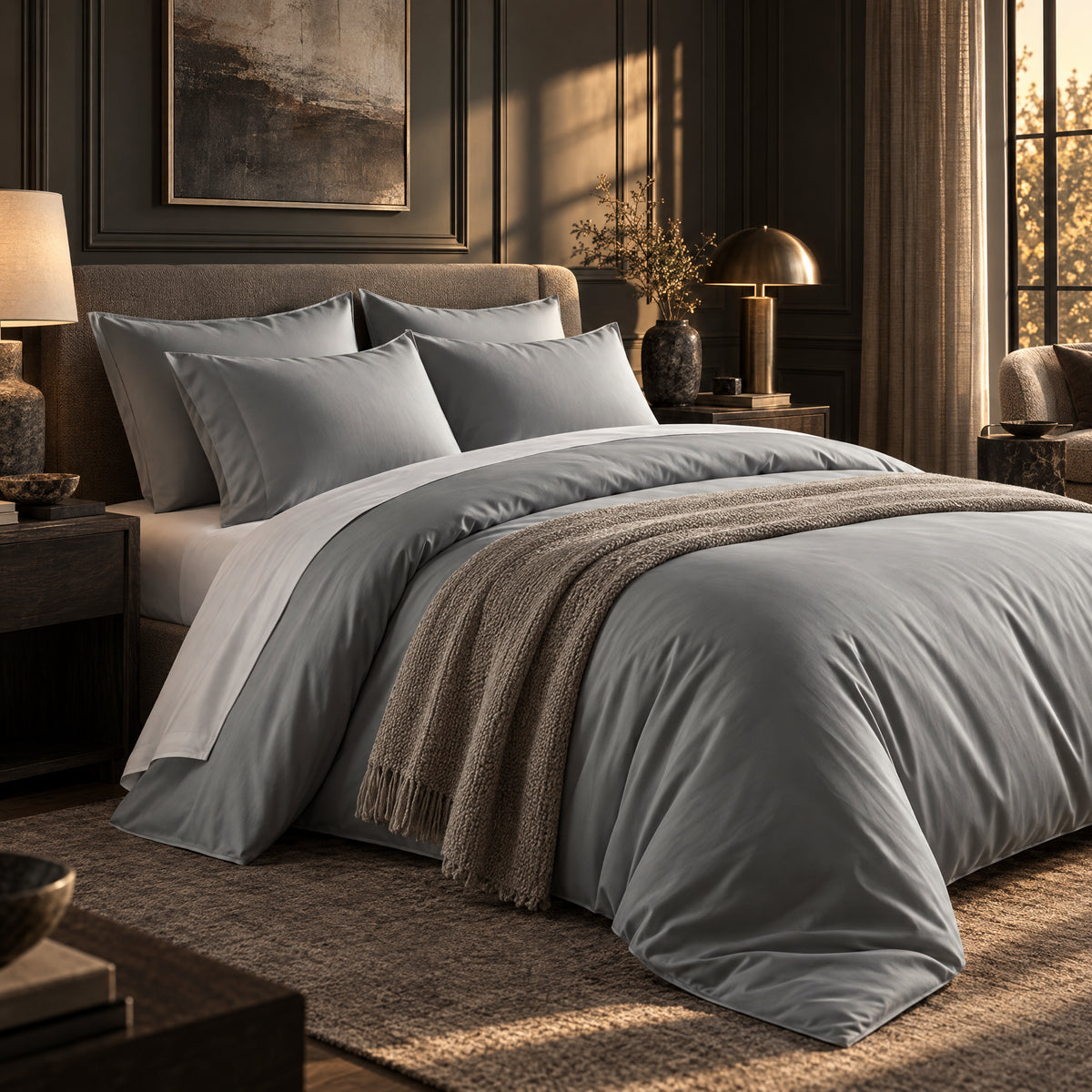 Pure Fiber grey bamboo viscose duvet cover and matching shams styled in a dramatic boutique-hotel bedroom with warm evening light.
