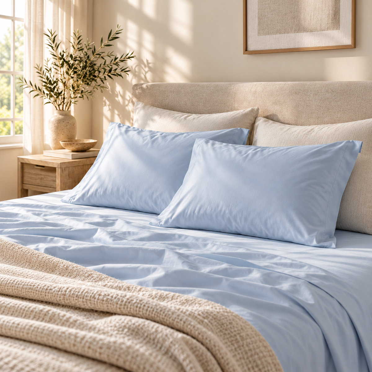 Light Blue bamboo viscose pillowcases on a made bed #Color_Light Blue