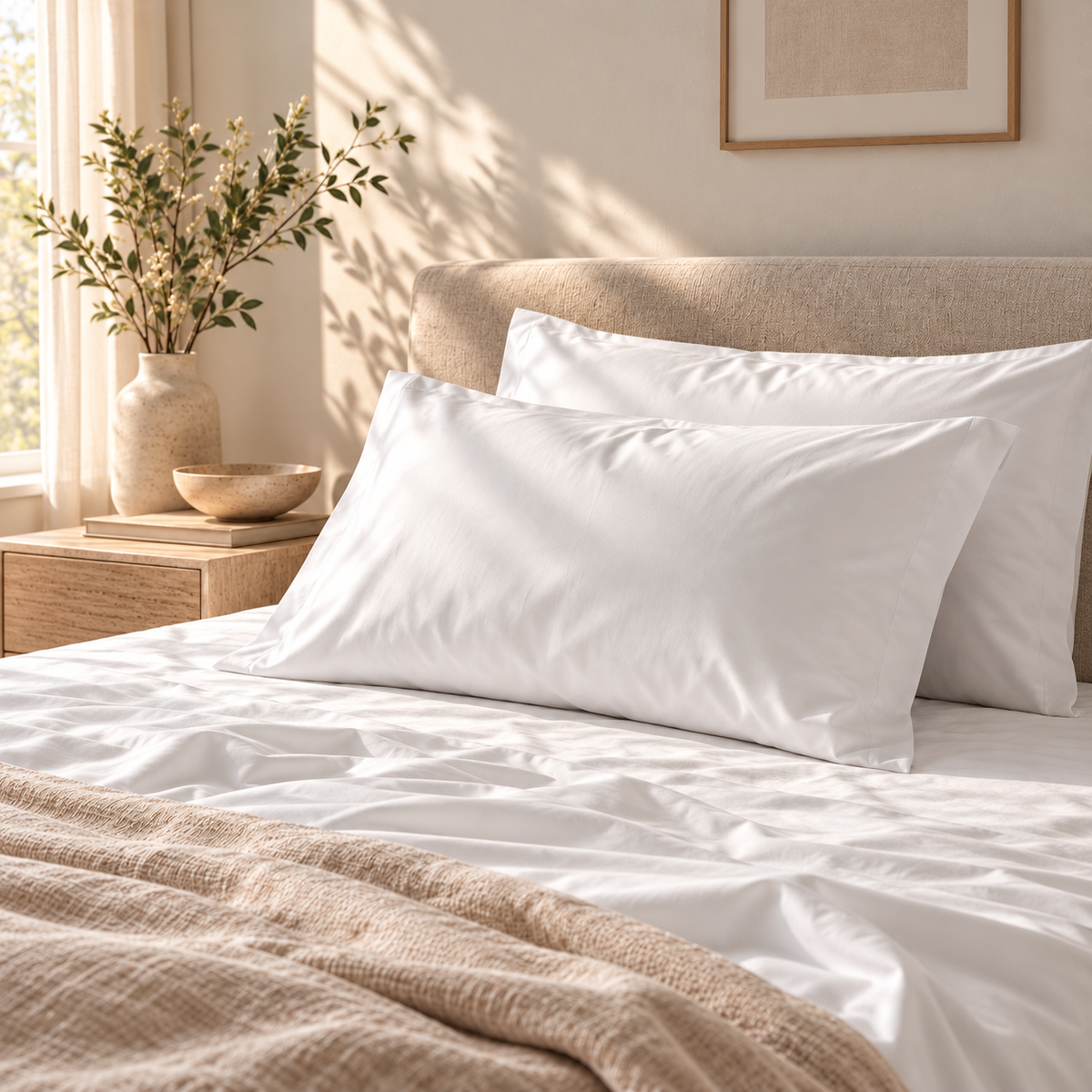 White bamboo viscose pillowcases on a made bed #Color_White