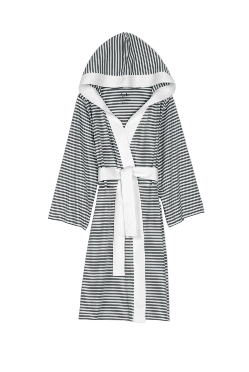 Seaside Serenity Stripe Organic Hooded Short Robe in Silver — Lightweight Cotton Robe | Pure Fiber