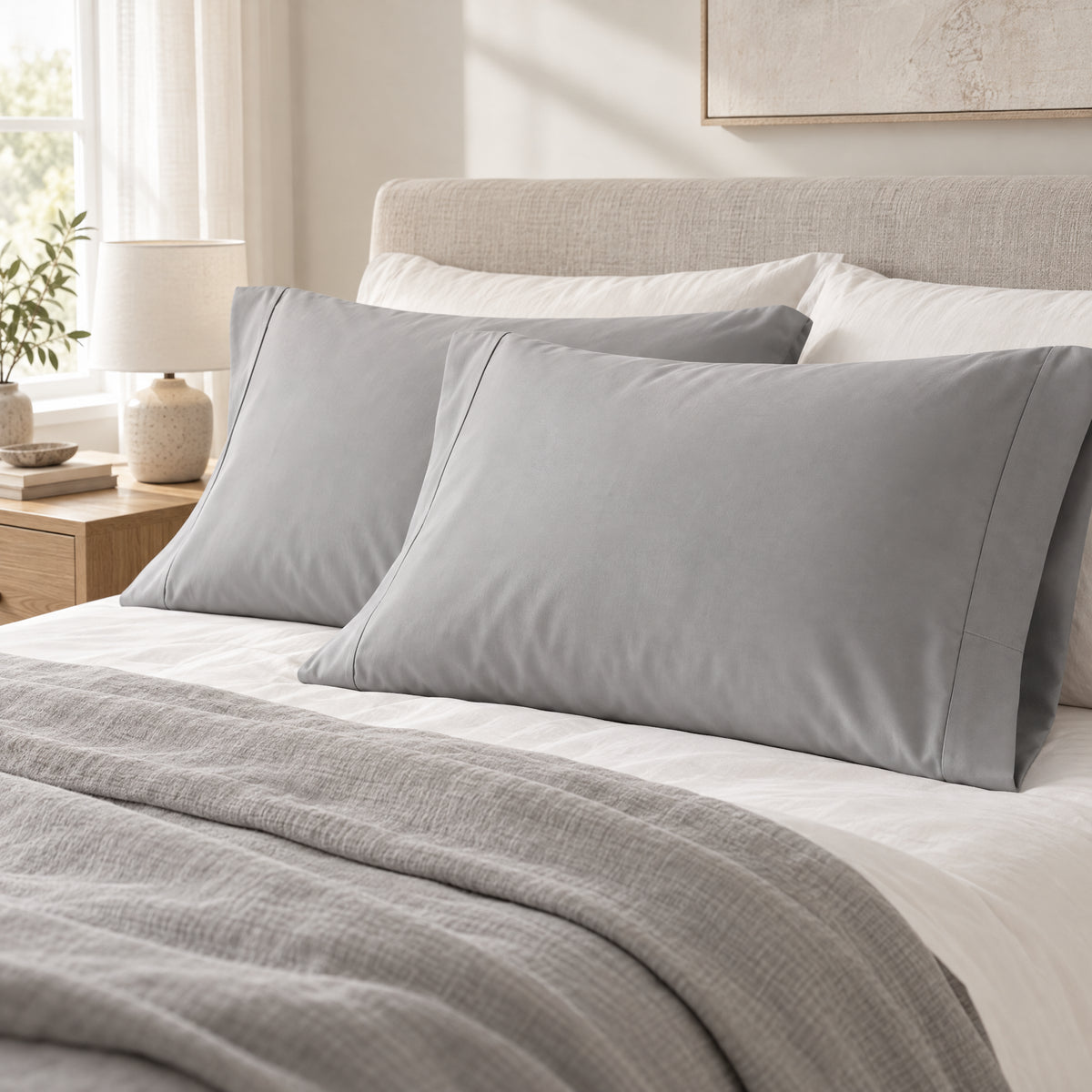 Pure Fiber grey bamboo viscose pillowcases styled with white sheets and stone-grey bedding in a calm neutral bedroom.
