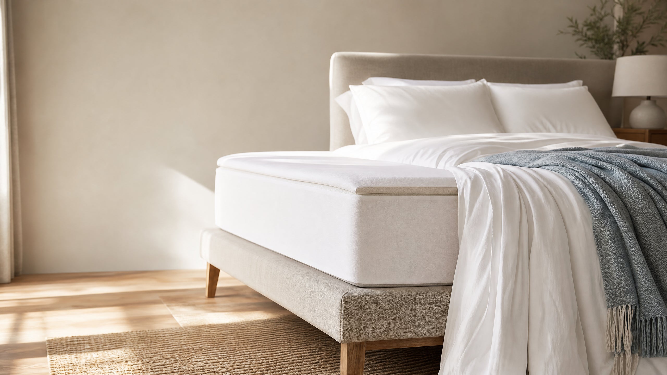 Warm-white fitted sheet smoothly wrapped around a deep mattress in a sunlit bedroom.