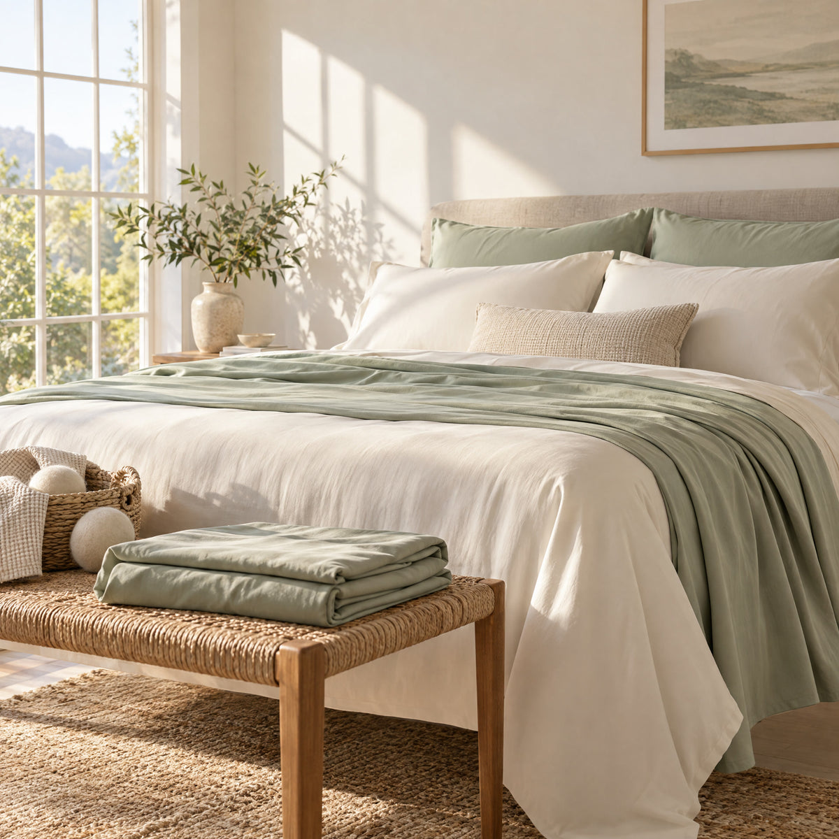 Bright, calm bedroom with a neatly made bed in soft ivory and muted sage bedding, folded throw, woven bench, and natural light.