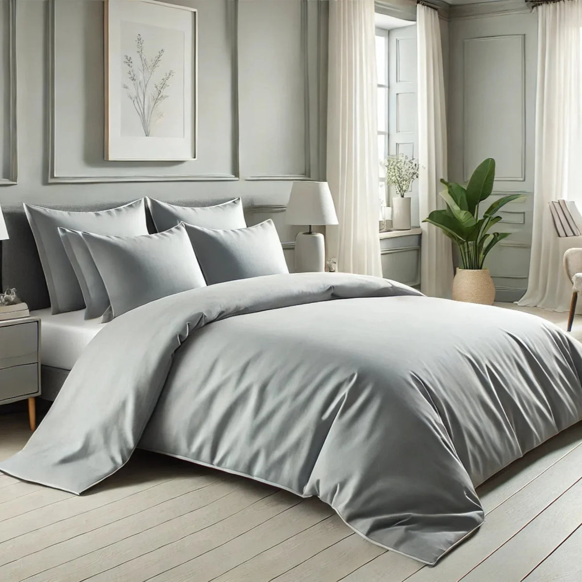 Bed made with a grey Pure Fiber bamboo viscose duvet cover and matching shams