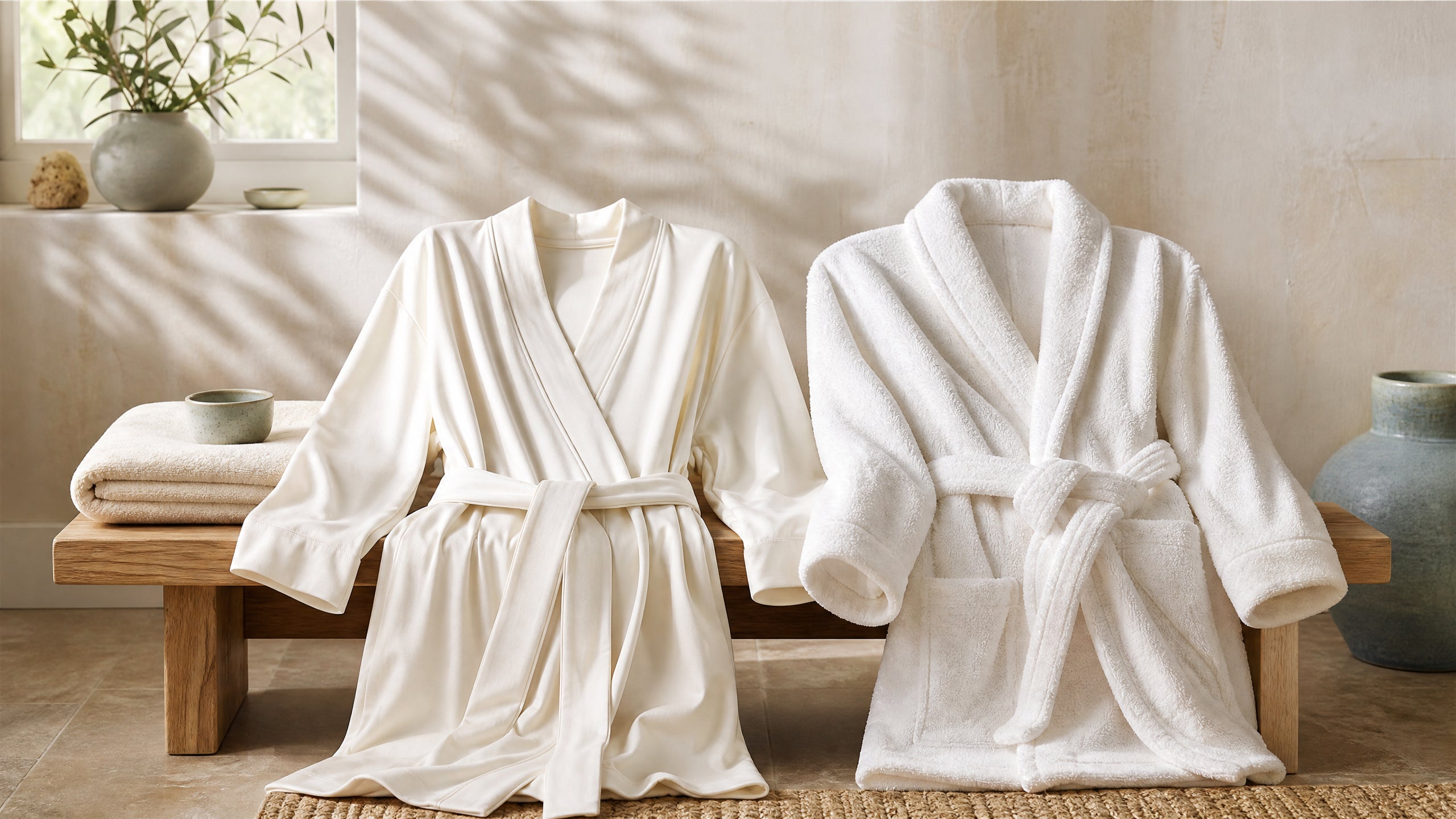 An ivory cotton kimono robe and a white terry bathrobe styled side by side on a wood bench in a sunlit home spa setting.