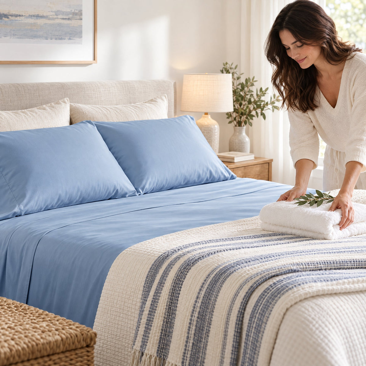 Welcoming guest bed made with Pure Fiber light-blue bamboo viscose sheets and matching pillowcases, styled with a folded striped throw.