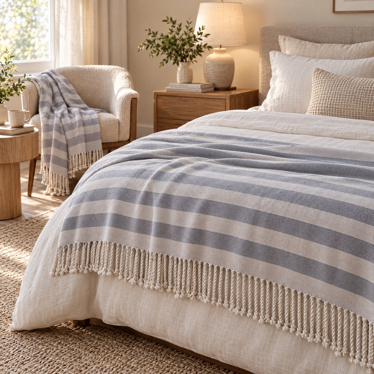 Pure Fiber slate-blue striped bamboo viscose throw styled across a neutral bed and draped over a reading chair.