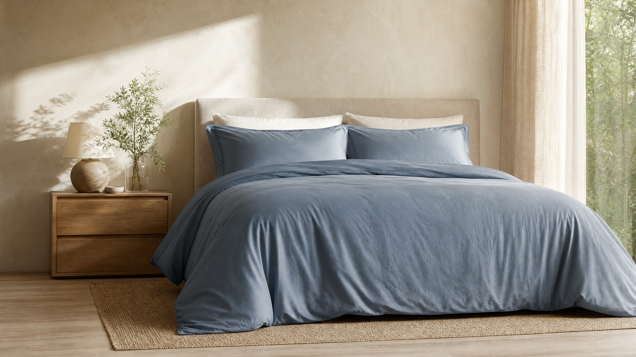 Blue-gray duvet cover with an even, generous drape on a modern bed.