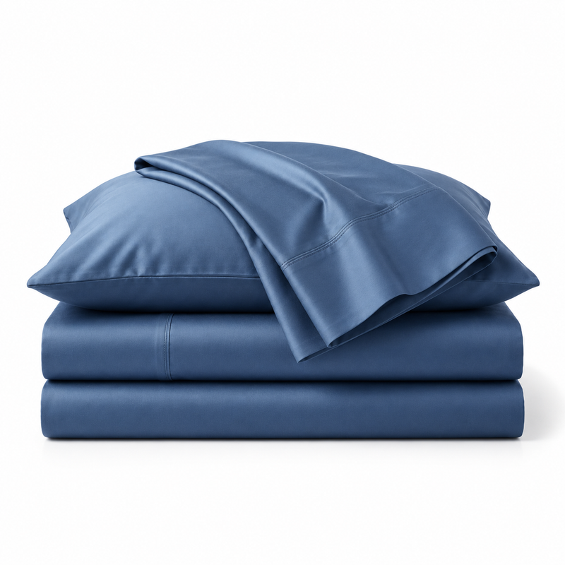 Denim Blue bamboo viscose sheet set, folded #Color_Denim Blue