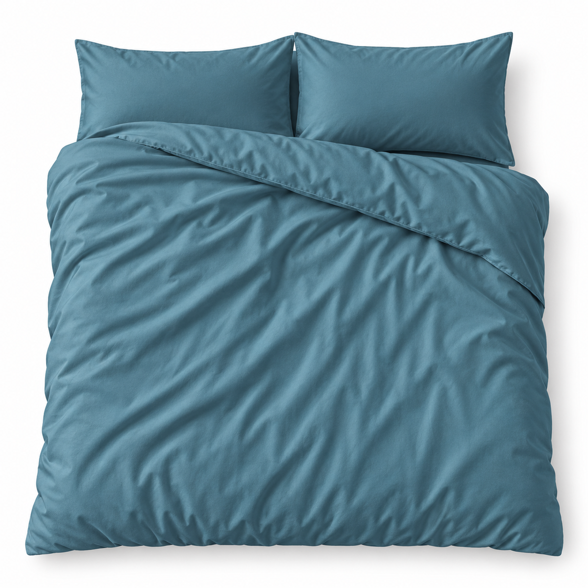 Blue bamboo viscose duvet cover and 2 shams on a bed, top view #Color_Blue