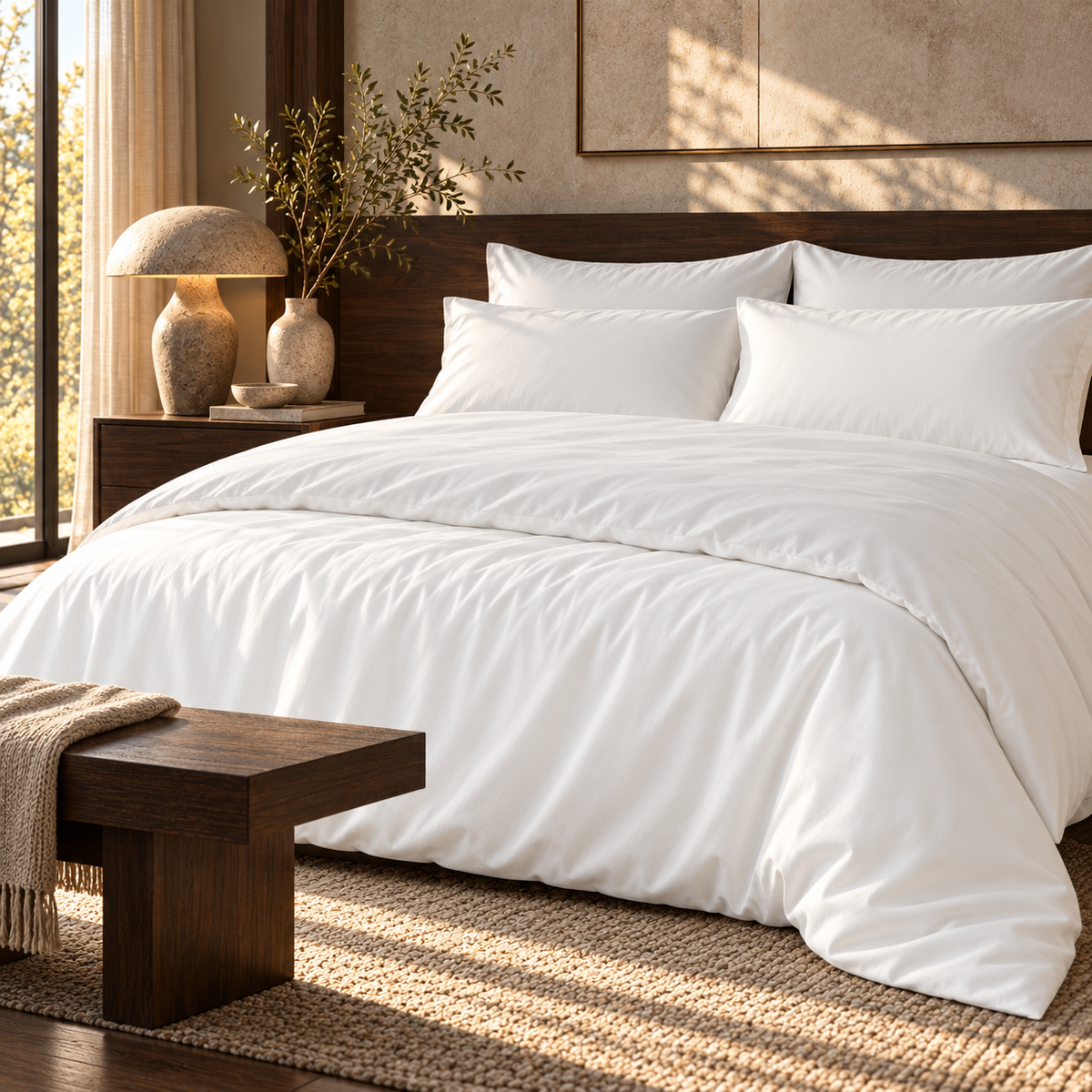White bamboo viscose duvet cover and 2 shams on a made bed in a sunlit bedroom #Color_White