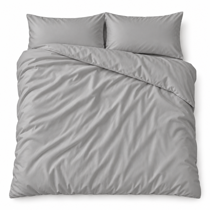 Gray bamboo viscose duvet cover and 2 shams on a bed, top view #Color_Gray