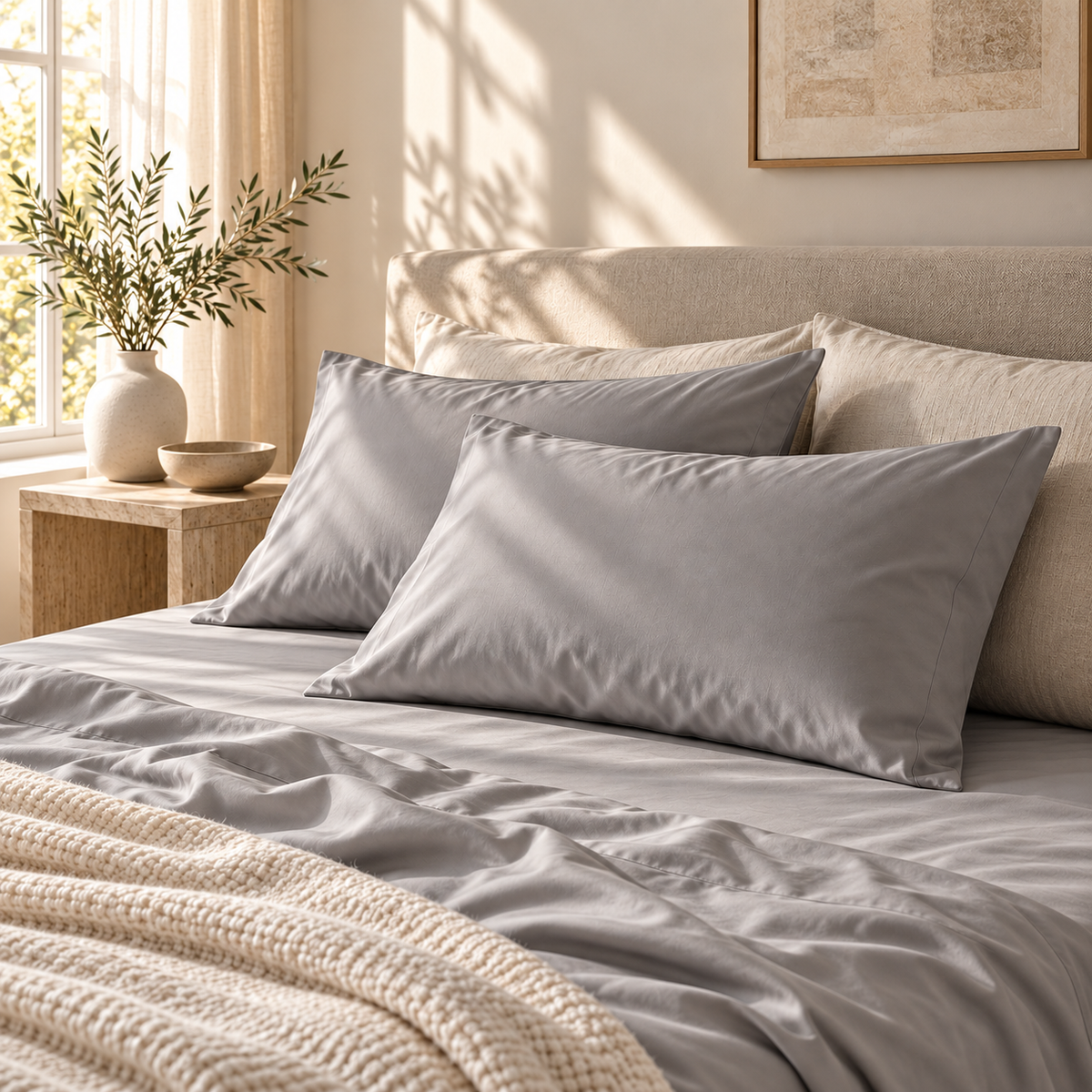 Grey bamboo viscose pillowcases on a made bed #Color_Grey