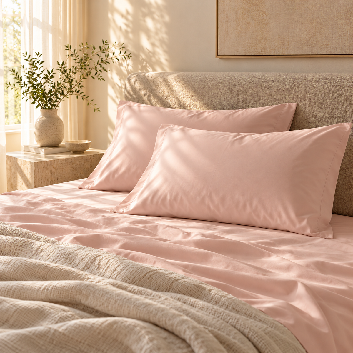 Blush Pink bamboo viscose pillowcases on a made bed #Color_Blush Pink