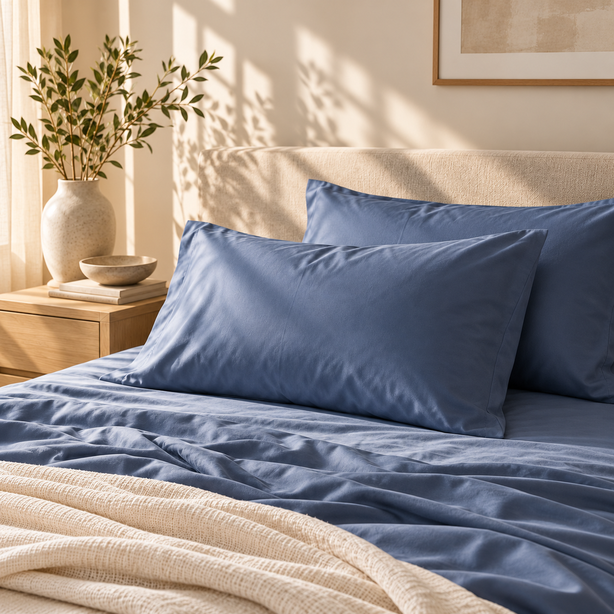 Denim Blue bamboo viscose pillowcases on a made bed #Color_Denim Blue