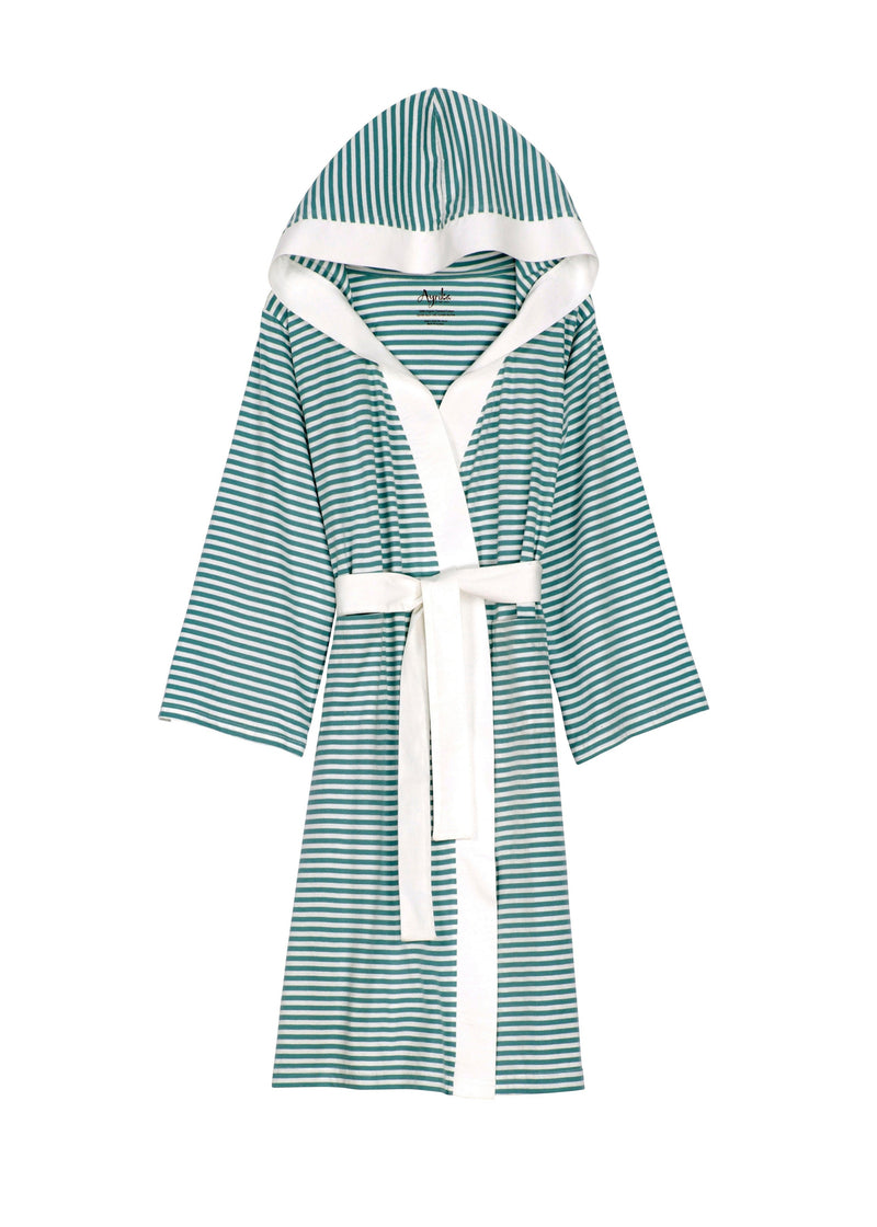 Seaside Serenity Stripe Organic Hooded Short Robe in Teal | Pure Fiber #Color_Teal
