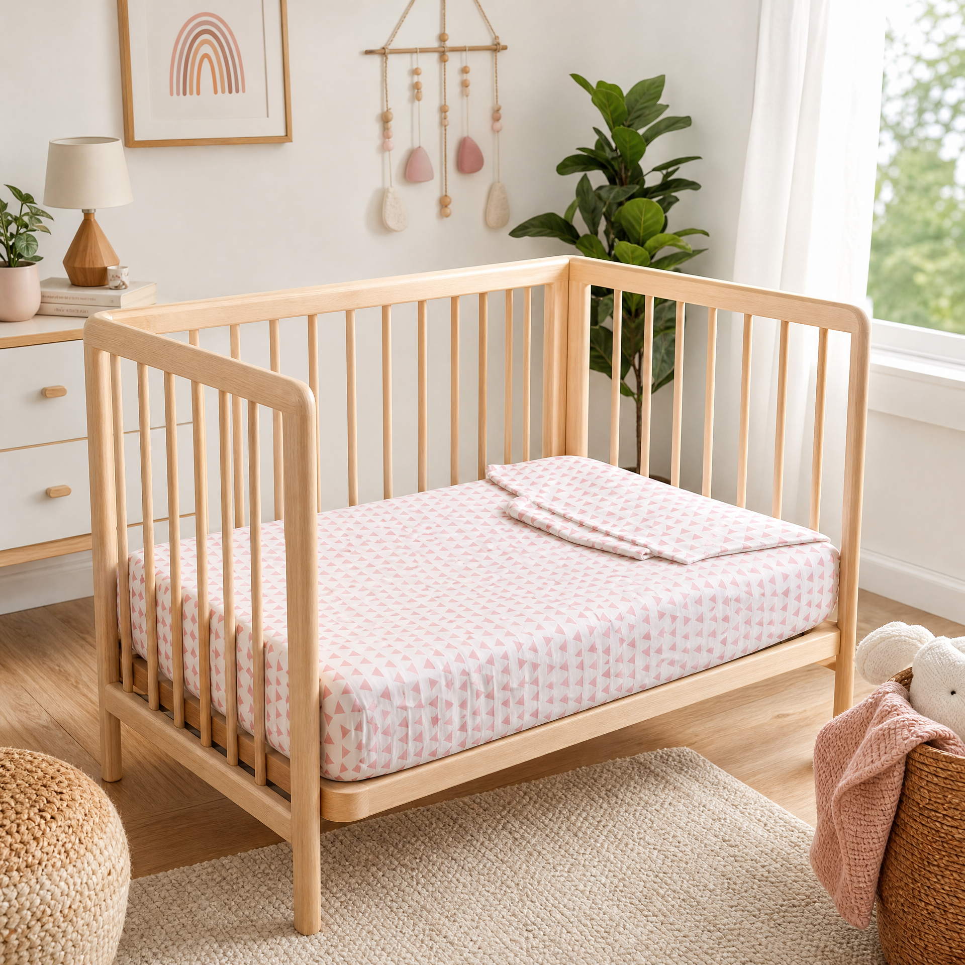 Bamboo Viscose Crib Sheet Set in Triangle Print Pink — Soft Baby Crib Sheets | Pure Fiber