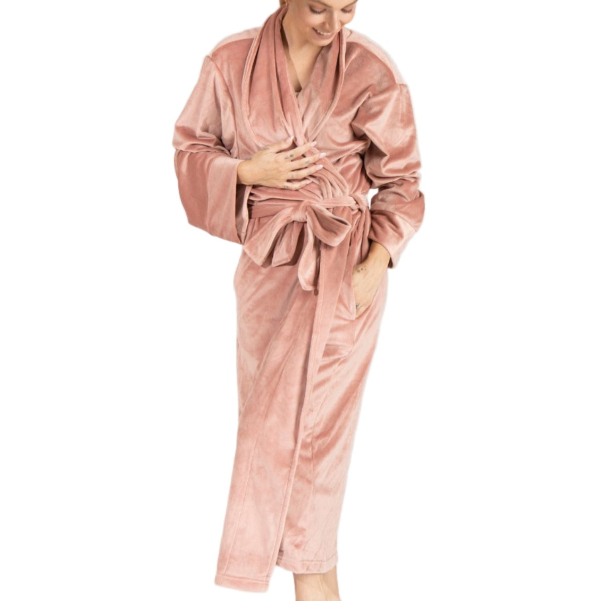 Model wearing the plush velour robe in Mauve