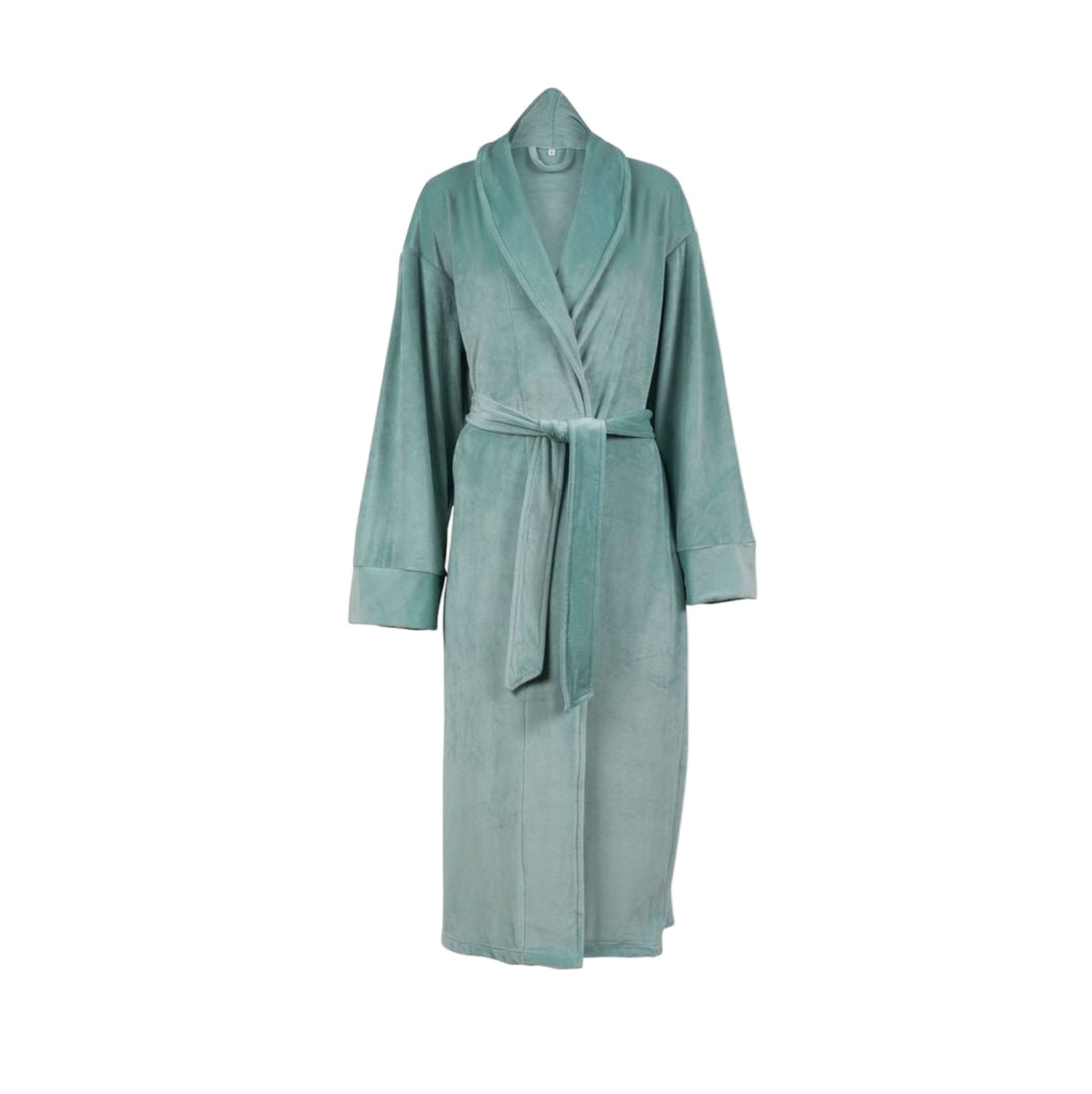 A green plush velour women's robe with a belt tied around the waist, displayed against a white background.