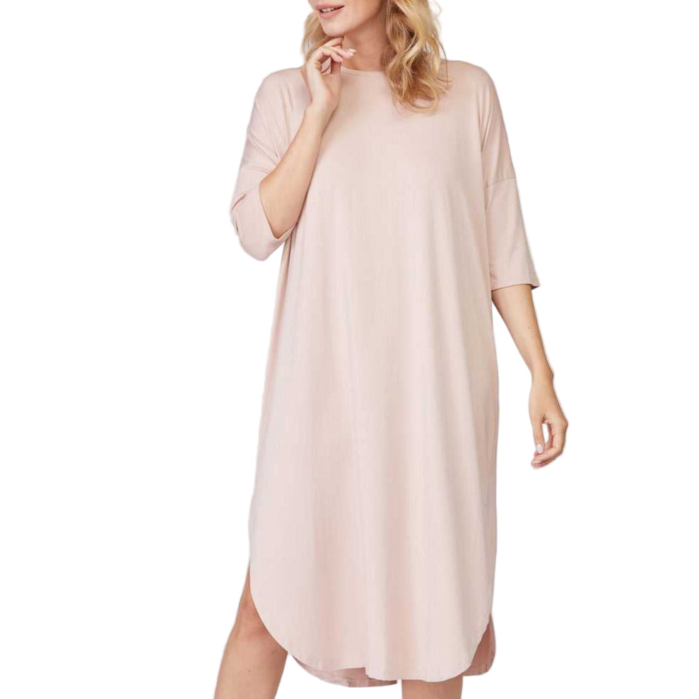 Woman wearing a Rose Pink Pure Fiber Bamboo Viscose Full Body Nightshirt