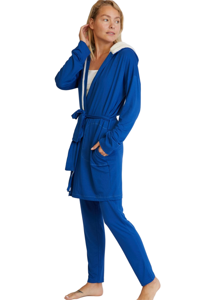 Hooded Jersey Robe and Pants Loungewear Set in Navy Blue | Pure Fiber #Color_Navy Blue